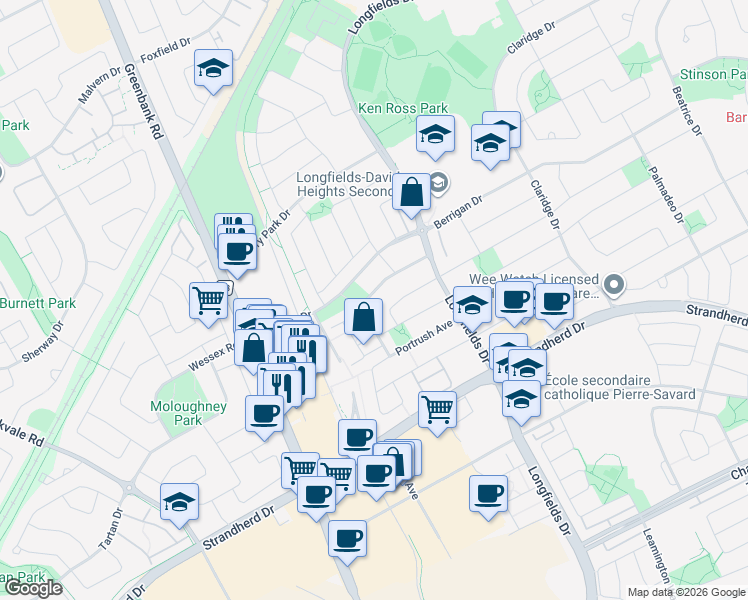 map of restaurants, bars, coffee shops, grocery stores, and more near 135 Hornchurch Lane in Ottawa