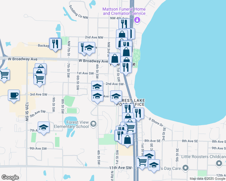 map of restaurants, bars, coffee shops, grocery stores, and more near 254 2nd Street Southwest in Forest Lake