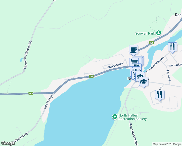 map of restaurants, bars, coffee shops, grocery stores, and more near 100 Rue Houghton in North Hatley