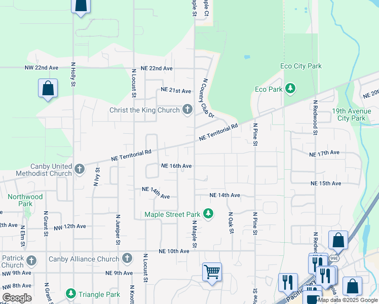 map of restaurants, bars, coffee shops, grocery stores, and more near 1688 North Maple Street in Canby