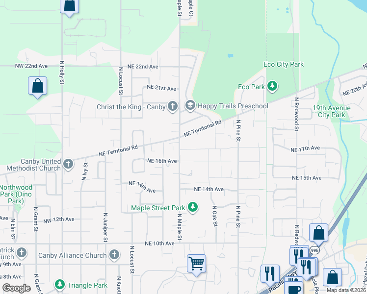 map of restaurants, bars, coffee shops, grocery stores, and more near 711 Northeast 17th Avenue in Canby