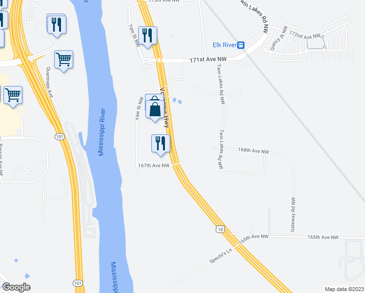 map of restaurants, bars, coffee shops, grocery stores, and more near 16807 U.S. 10 in Elk River