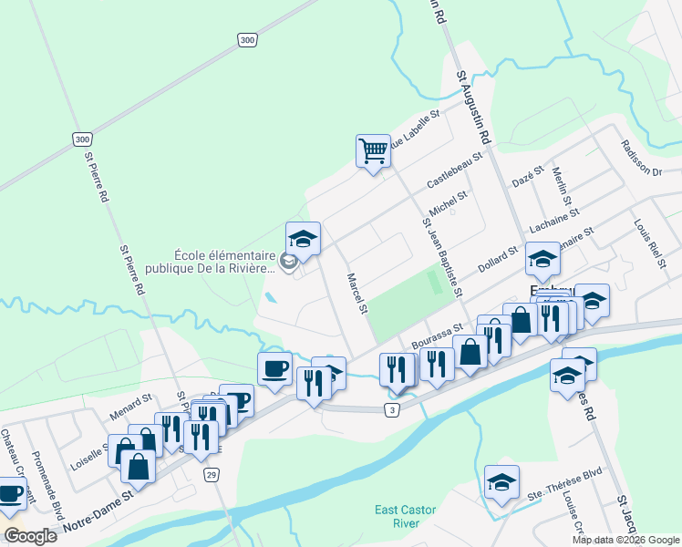 map of restaurants, bars, coffee shops, grocery stores, and more near 31 Marcel Street in Embrun