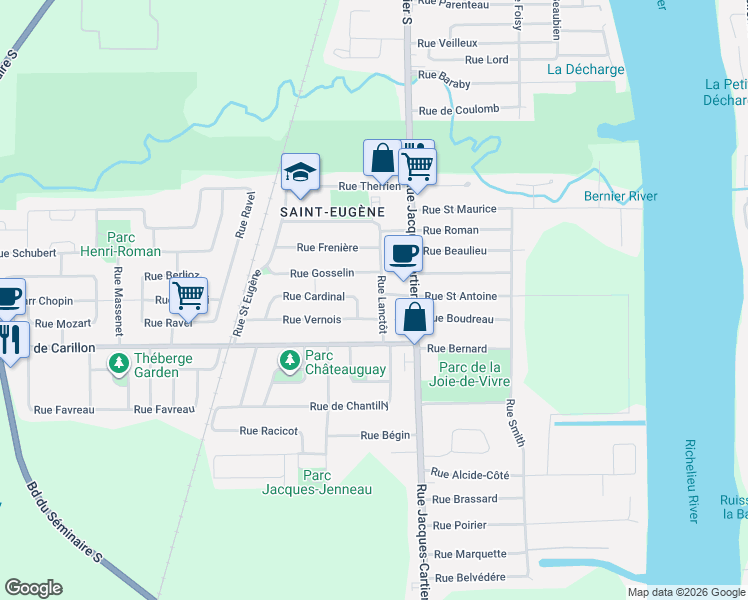 map of restaurants, bars, coffee shops, grocery stores, and more near 440 Rue Lanctôt in Saint-Jean-sur-Richelieu