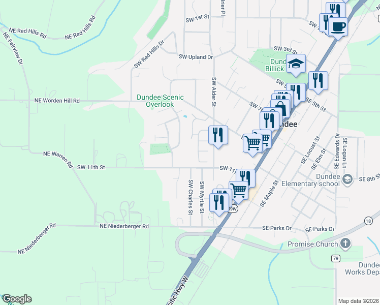 map of restaurants, bars, coffee shops, grocery stores, and more near 500 Southwest 11th Street in Dundee