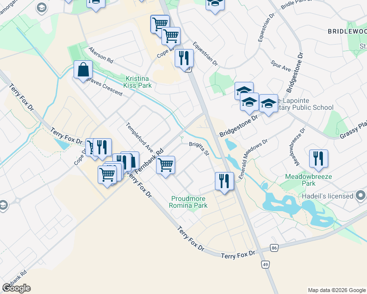 map of restaurants, bars, coffee shops, grocery stores, and more near 353 Brigitta Street in Ottawa