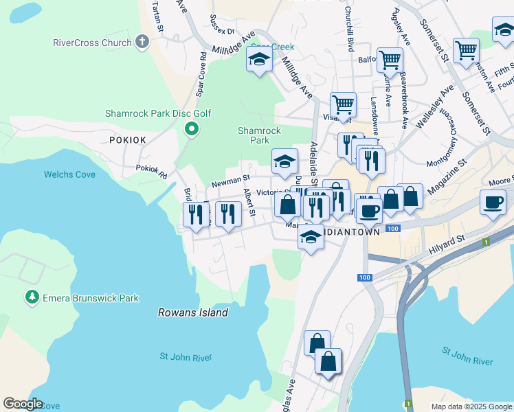 map of restaurants, bars, coffee shops, grocery stores, and more near 79 Metcalf Street in Saint John
