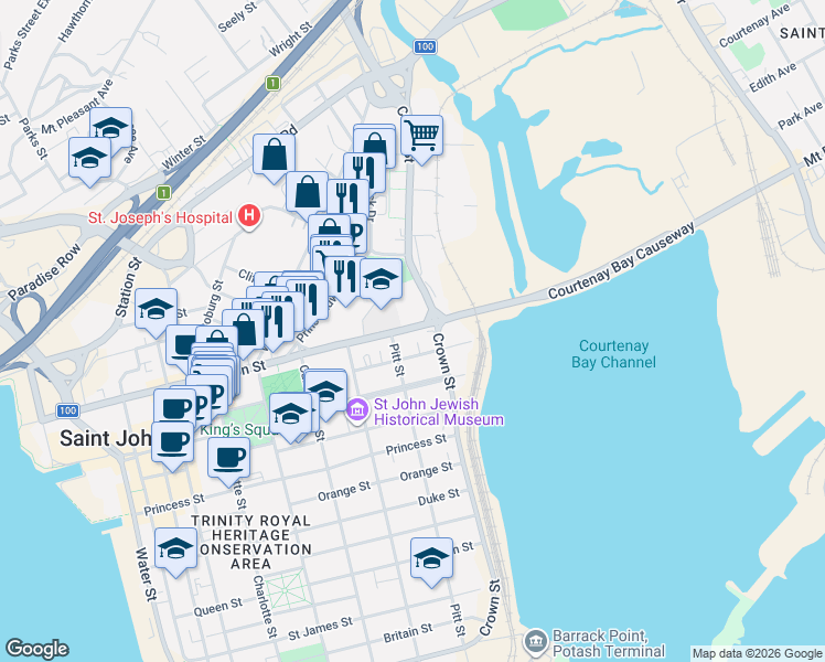 map of restaurants, bars, coffee shops, grocery stores, and more near 378 Union Street in Saint John