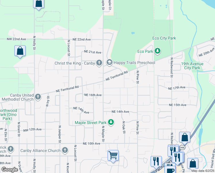 map of restaurants, bars, coffee shops, grocery stores, and more near 726 Northeast 17th Avenue in Canby