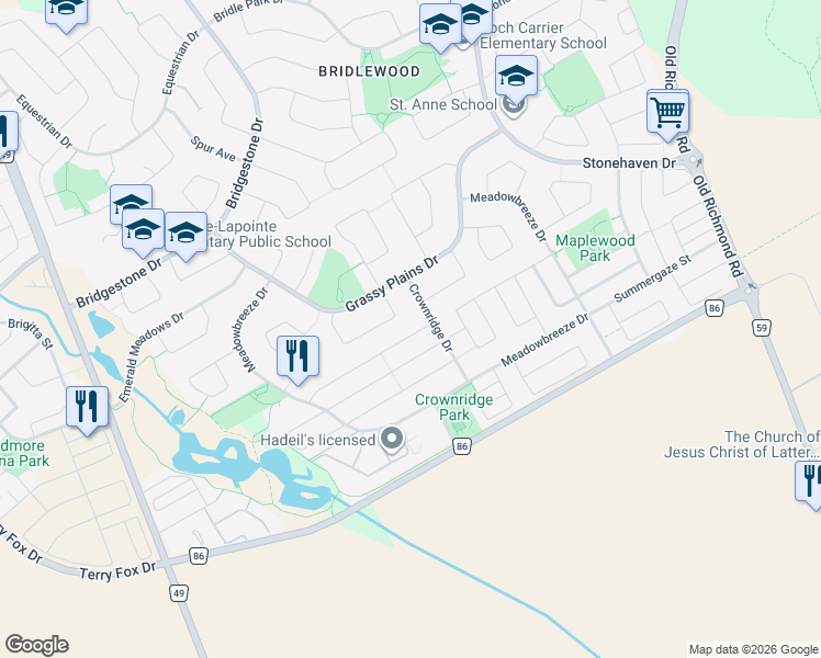 map of restaurants, bars, coffee shops, grocery stores, and more near Lily Pond Street in Ottawa