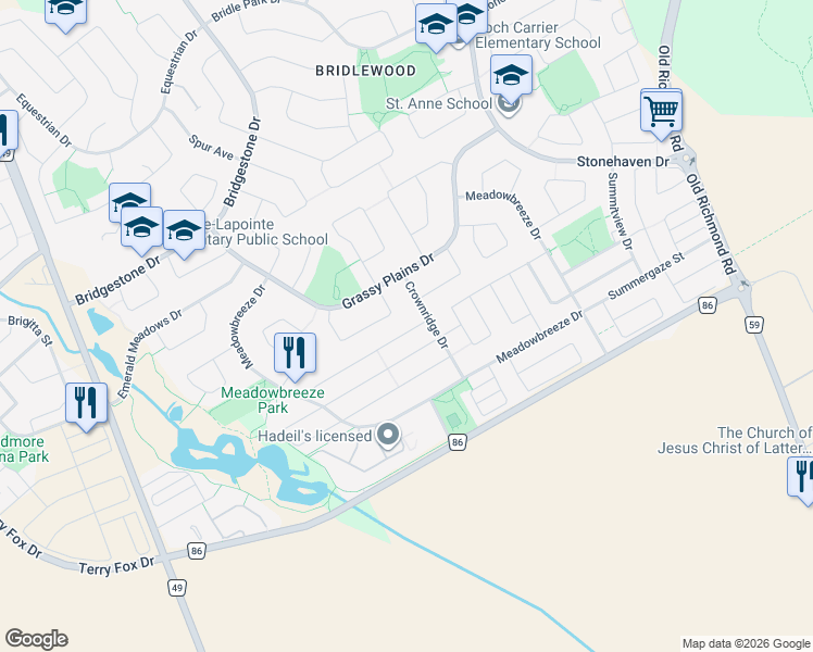 map of restaurants, bars, coffee shops, grocery stores, and more near 166 Lily Pond Street in Ottawa