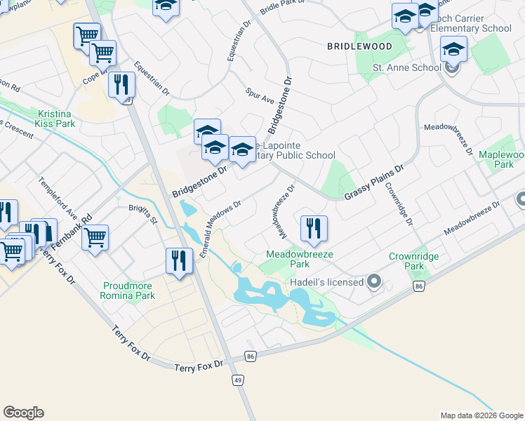 map of restaurants, bars, coffee shops, grocery stores, and more near 38 Pebble Creek Crescent in Ottawa