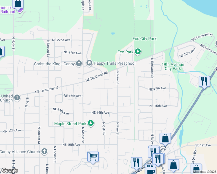 map of restaurants, bars, coffee shops, grocery stores, and more near 1004 Northeast 17th Avenue in Canby