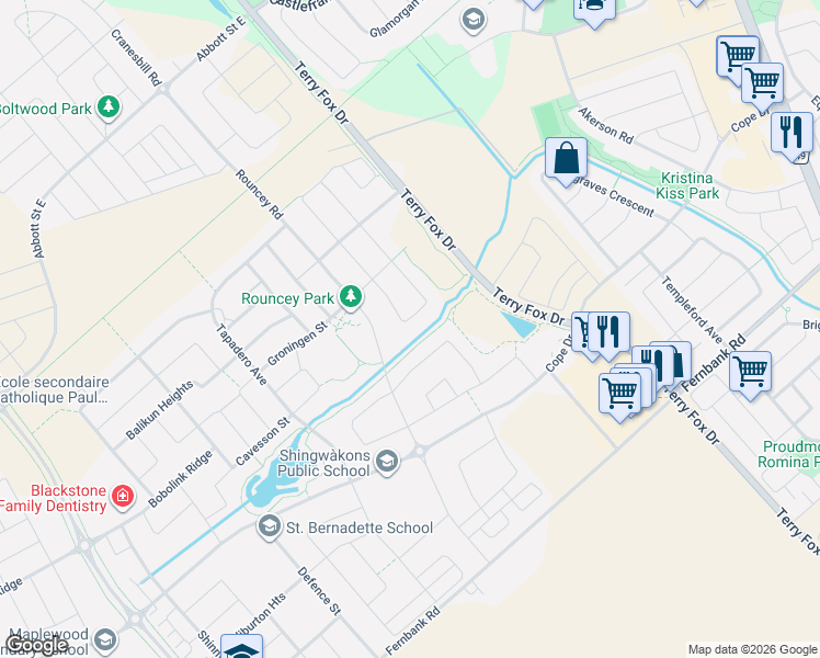 map of restaurants, bars, coffee shops, grocery stores, and more near 367 Andalusian Crescent in Ottawa