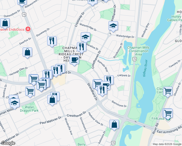map of restaurants, bars, coffee shops, grocery stores, and more near 14 Timberline Private in Ottawa