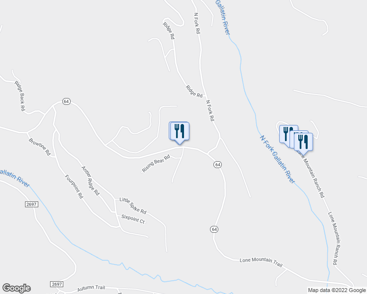 map of restaurants, bars, coffee shops, grocery stores, and more near Lone Mountain Trail in Gallatin Gateway