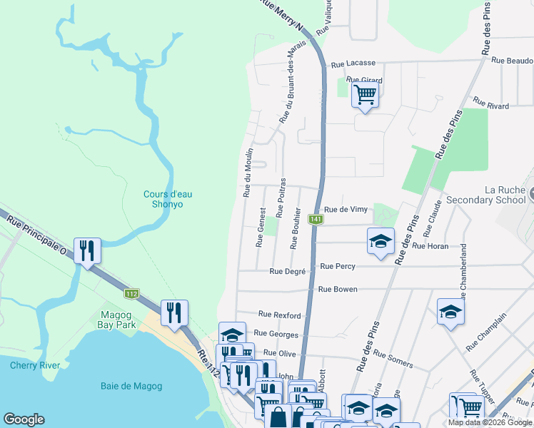 map of restaurants, bars, coffee shops, grocery stores, and more near 762 Rue Genest in Magog