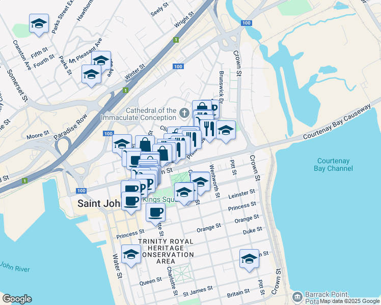 map of restaurants, bars, coffee shops, grocery stores, and more near 55 Prince Edward Street in Saint John