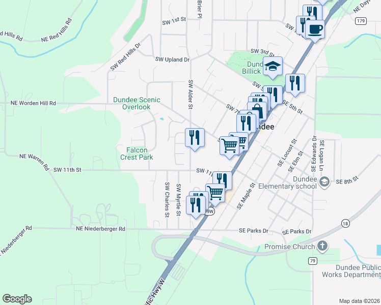 map of restaurants, bars, coffee shops, grocery stores, and more near Northeast Hagey Road in Dundee