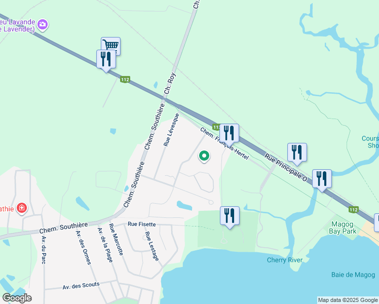 map of restaurants, bars, coffee shops, grocery stores, and more near 62 Rue Desjardins in Magog