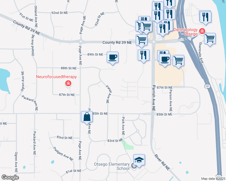 map of restaurants, bars, coffee shops, grocery stores, and more near 8714 Parell Avenue Northeast in Otsego