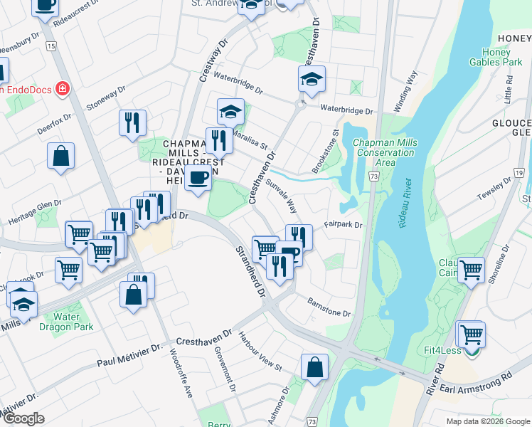 map of restaurants, bars, coffee shops, grocery stores, and more near 209 Cresthaven Drive in Ottawa