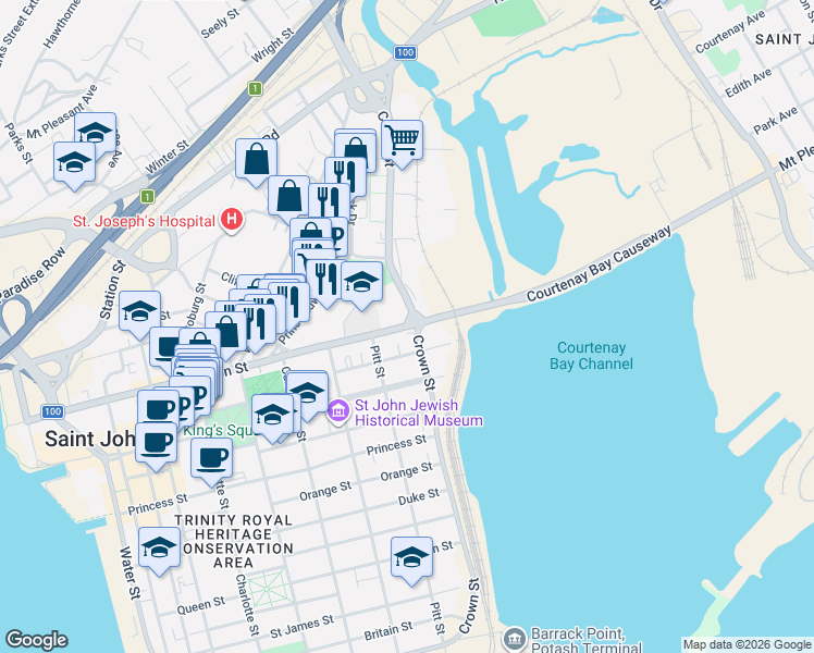 map of restaurants, bars, coffee shops, grocery stores, and more near 380 Union Street in Saint John