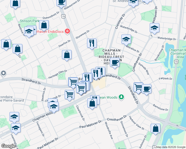 map of restaurants, bars, coffee shops, grocery stores, and more near 32 Vistapointe Drive in Ottawa
