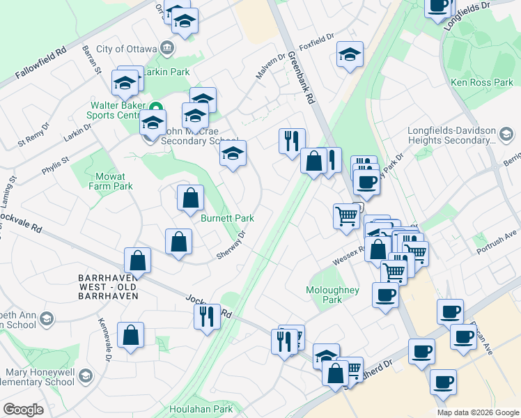 map of restaurants, bars, coffee shops, grocery stores, and more near 2 Dolan Drive in Ottawa