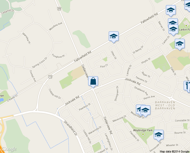 map of restaurants, bars, coffee shops, grocery stores, and more near 96 Pheasant Run Drive in Ottawa