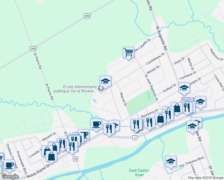 map of restaurants, bars, coffee shops, grocery stores, and more near 73 Castlebeau Street in Russell