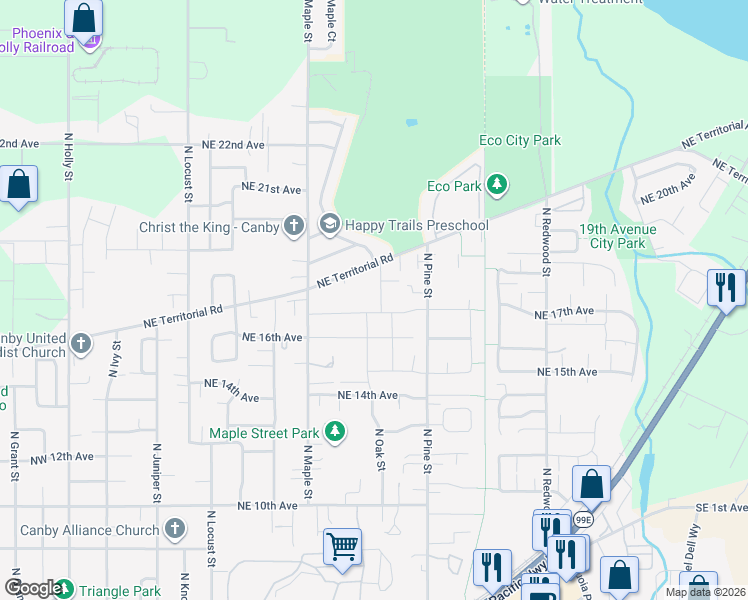 map of restaurants, bars, coffee shops, grocery stores, and more near 1753 North Oak Street in Canby