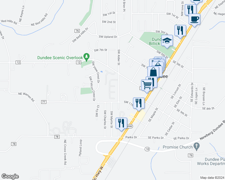 map of restaurants, bars, coffee shops, grocery stores, and more near 906 Southwest Alder Street in Dundee