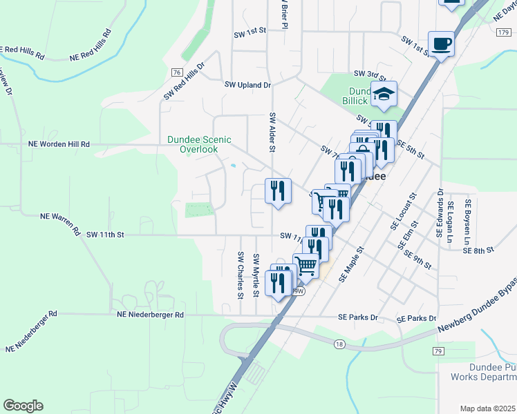 map of restaurants, bars, coffee shops, grocery stores, and more near 906 Southwest Alder Street in Dundee