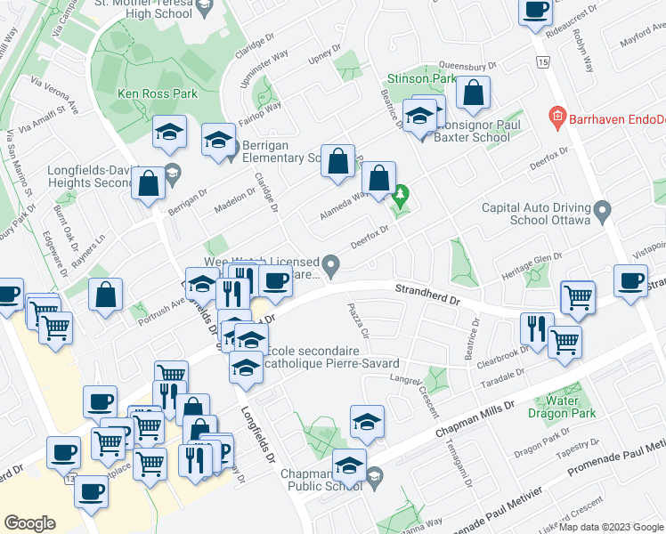 map of restaurants, bars, coffee shops, grocery stores, and more near 205 Deerfox Drive in Ottawa