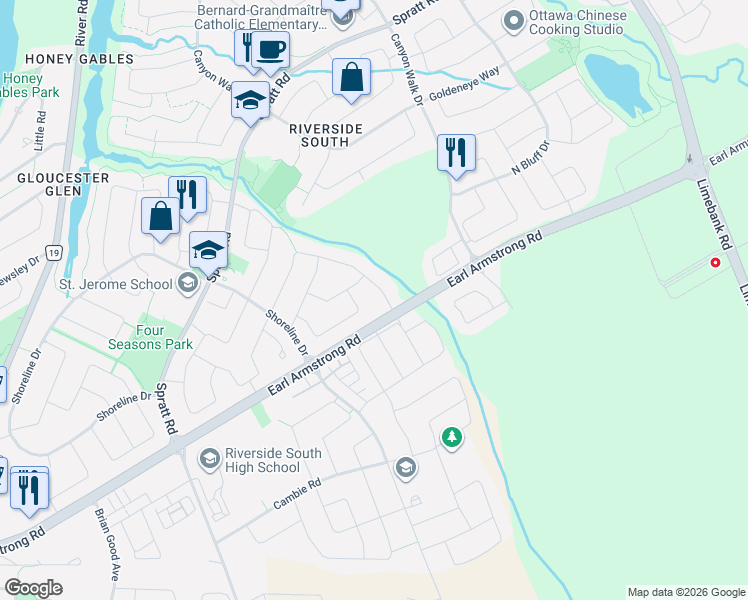 map of restaurants, bars, coffee shops, grocery stores, and more near 910 Sandy Forest Place in Ottawa
