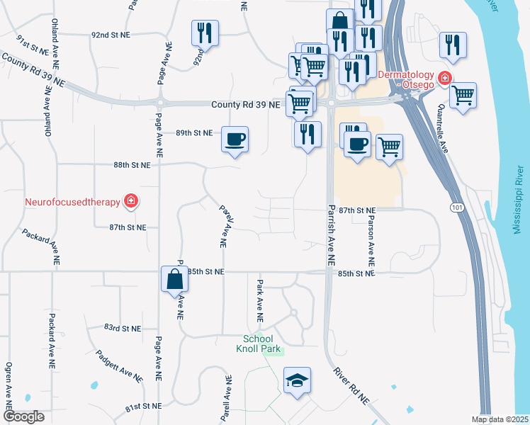 map of restaurants, bars, coffee shops, grocery stores, and more near 8714 Parell Avenue Northeast in Otsego