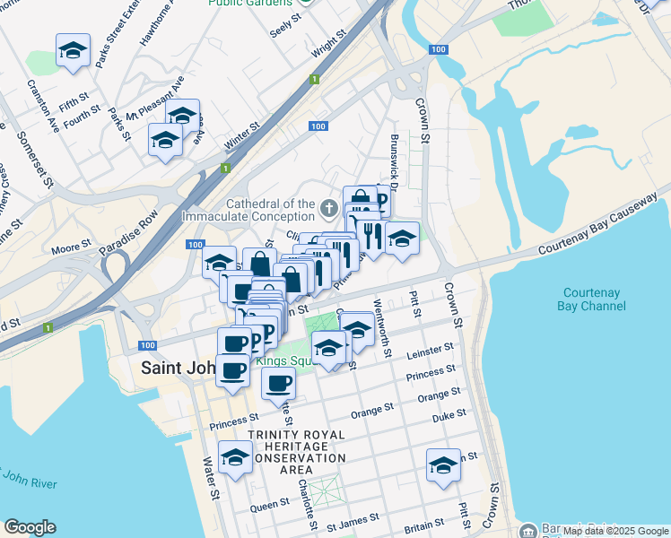 map of restaurants, bars, coffee shops, grocery stores, and more near in Saint John