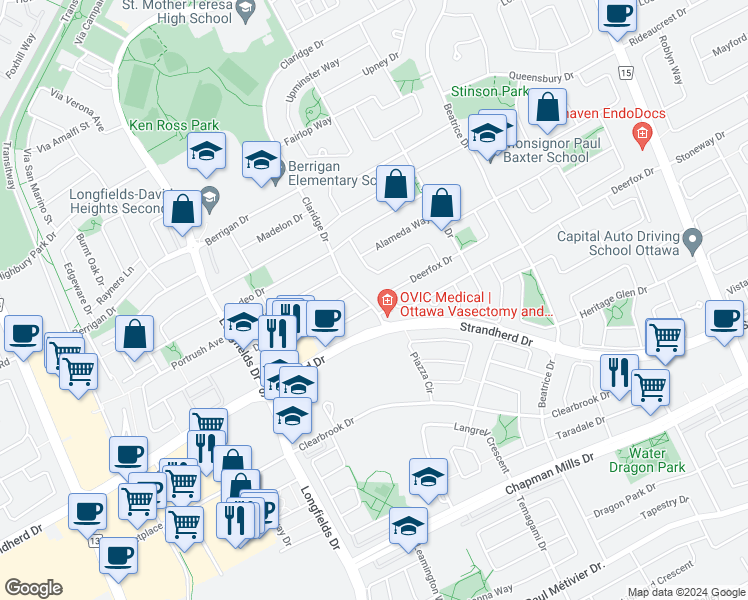 map of restaurants, bars, coffee shops, grocery stores, and more near 478 Claridge Drive in Ottawa