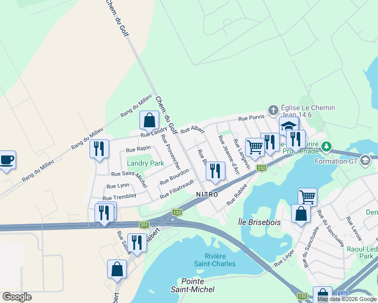 map of restaurants, bars, coffee shops, grocery stores, and more near 65 Chemin du Golf in Salaberry-de-Valleyfield