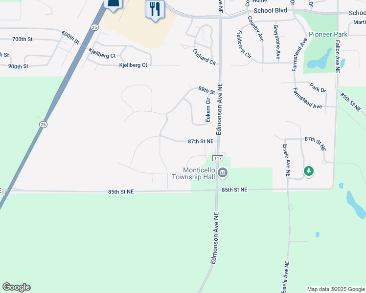 map of restaurants, bars, coffee shops, grocery stores, and more near 4348 87th Street Northeast in Monticello