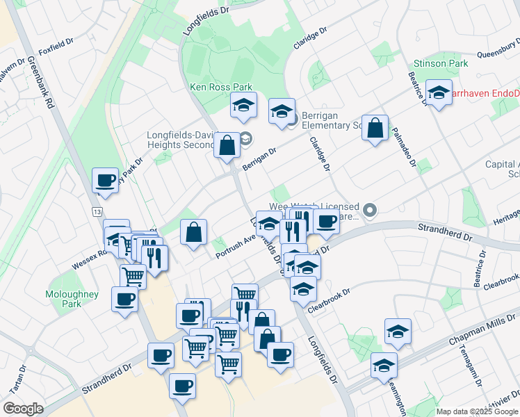 map of restaurants, bars, coffee shops, grocery stores, and more near 126 Rodeo Drive in Ottawa