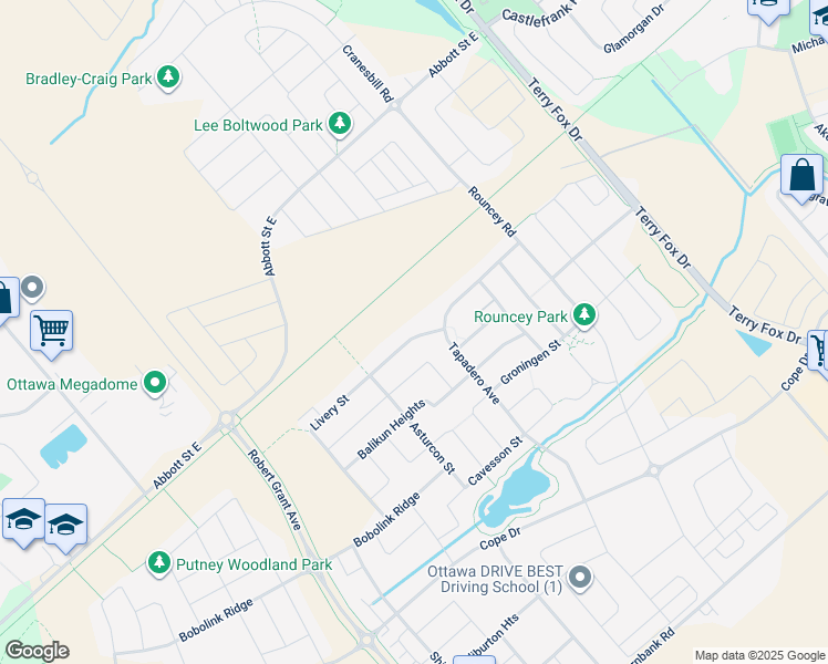 map of restaurants, bars, coffee shops, grocery stores, and more near 120 Palfrey Way in Ottawa