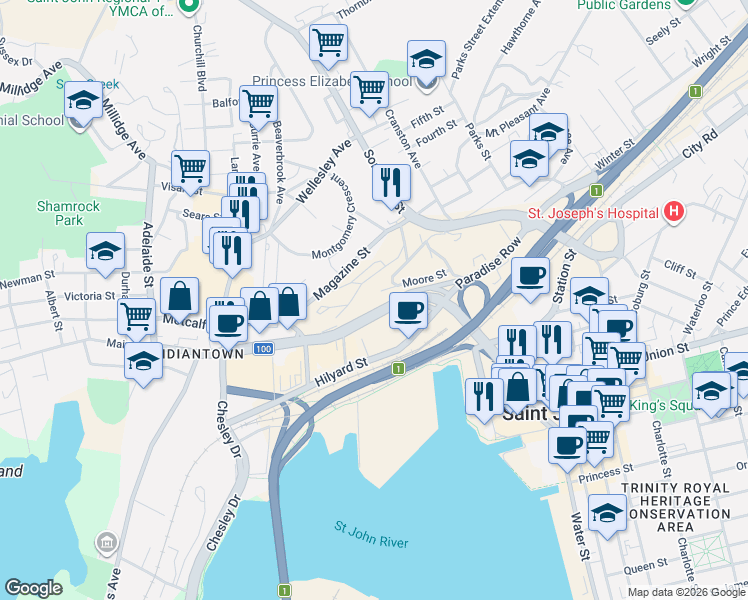 map of restaurants, bars, coffee shops, grocery stores, and more near 580 Main Street in Saint John