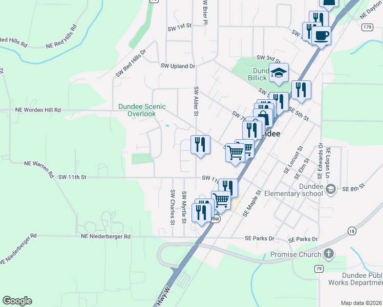 map of restaurants, bars, coffee shops, grocery stores, and more near 906 Southwest Alder Street in Dundee