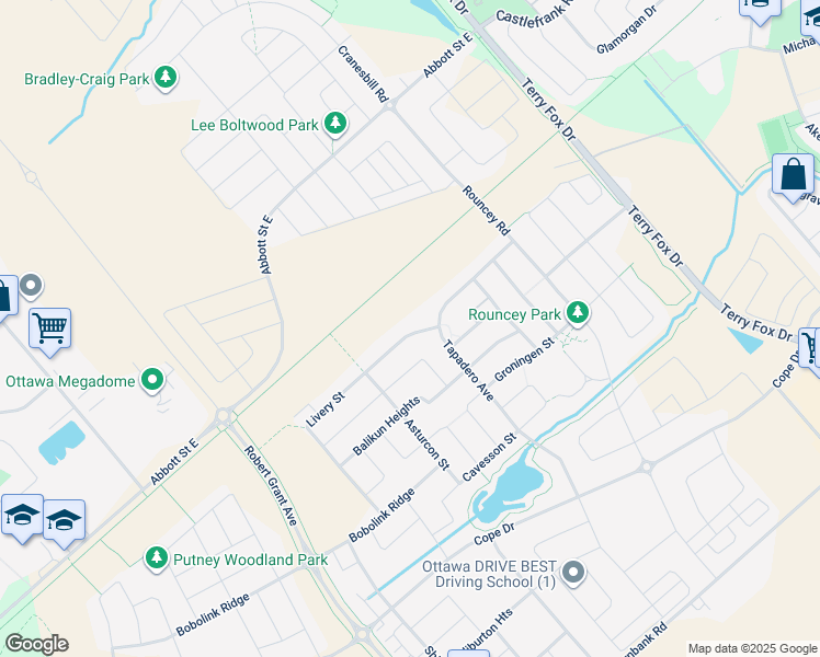 map of restaurants, bars, coffee shops, grocery stores, and more near 120 Palfrey Way in Ottawa