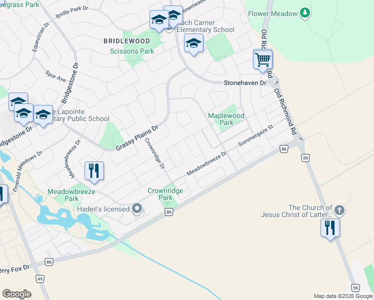map of restaurants, bars, coffee shops, grocery stores, and more near 312 Everglade Way in Ottawa