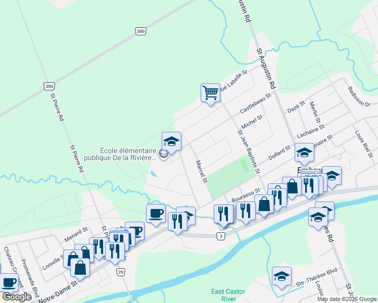 map of restaurants, bars, coffee shops, grocery stores, and more near 51 Marcel Street in Embrun