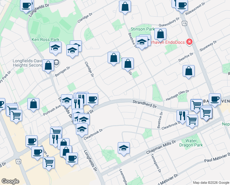 map of restaurants, bars, coffee shops, grocery stores, and more near 47 San Mateo Drive in Ottawa