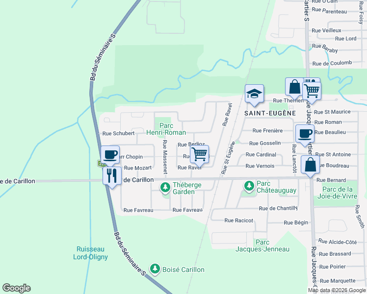 map of restaurants, bars, coffee shops, grocery stores, and more near 315 Rue Berlioz in Saint-Jean-sur-Richelieu